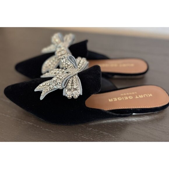 Kurt Geiger 37 / US 7 London Crystal Embellished Mule Black Velvet Flat Slip On - Picture 9 of 14